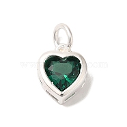 925 Sterling Silver Cubic Zirconia Heart Charms with Jump Rings, Silver Color Plated, Green, 9.5x7.5x3.5mm, Hole: 3mm(FIND-U013-10S-01)