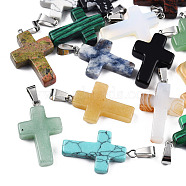 Natural & Synthetic Mixed Stone Pendants, Religion Cross Charm, Dyed, with Platinum Tone 304 Stainless Steel Findings, 28~31x17.5~18.5x4.5~6.5mm, Hole: 3.5x7.5mm(G-T128-07)