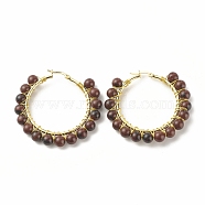 Natural Mahogany Obsidian Beaded Hoop Earrings for Women, Real 18K Gold Plated Wire Wrap Big Circle Hoop Earrings, 47~49x51~52x6~6.6mm, Pin: 1.4x0.4mm(EJEW-C003-03H-RS)