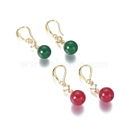 Natural White Jade Dangle Earrings, with Cubic Zirconia Round Bead and Brass Earring Findings, Dyed, Round, Mixed Color, 30mm, Pin: 1mm(EJEW-G263-05G)