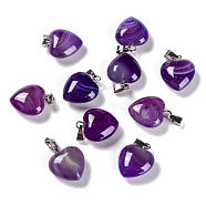 Natural Agate Pendants, with Platinum Brass Loops, Heart, Dyed & Heated, Purple,  18~19x15~15.5x7.5~10mm, Hole: 6x2.5~3mm(X-G-I311-A01)
