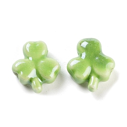 Handmade Porcelain Beads, Famille Rose Style, Clover, Lawn Green, 13x12x5.5mm, Hole: 2mm, 2pcs/ set.(X-PORC-O005-08)