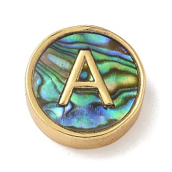 Brass Beads, with Resin Imitation Paua Shell, Flat Round, Real 14K Gold Plated, Letter A, 13.5x4mm, Hole: 1.6mm(KK-U046-17G-A)