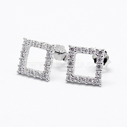925 Sterling Silver Micro Pave Cubic Zirconia Stud Earrings, Square, Platinum, 12x12mm, Pin: 0.8mm(EJEW-F137-14P)