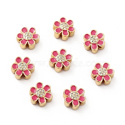 Flower Brass Micro Pave Clear Cubic Zirconia Beads, Real 18K Gold Plated, with Enamel, Cadmium Free & Nickel Free & Lead Free, Cerise, 10x9x5mm, Hole: 1.8mm(KK-G419-06G-02)