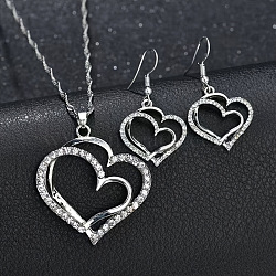 Heart Alloy Crystal Rhinestone Pendant Necklace & Dangle Earring Sets, Platinum, 40x23mm(FS-WG8597C-02)
