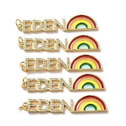 Rack Plating Brass Micro Pave Cubic Zirconia Pendants, Cadmium Free & Lead Free & Nickle Free, with Enamel and Jump Ring, Real 18K Gold Plated, Word EDEN and Rainbow, Colorful, 43x9.5x2mm, Jump Ring: 5x0.6mm, Inner Diameter: 3.5mm(KK-M230-35G)