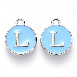 Platinum Plated Alloy Enamel Charms, Cadmium Free & Lead Free, Enamelled Sequins, Flat Round with Letter, Letter.L, 14x12x2mm, Hole: 1.5mm(X-ENAM-S118-04L-P)