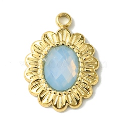 Ion Plating(IP) Real 14K Gold Plated 304 Stainless Steel with Glass Pendant, Oval Flower Charms, Light Blue, 18x13x3.5mm, Hole: 1.6mm(FIND-Z028-30A)