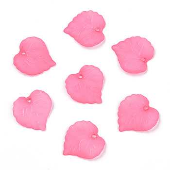 Transparent Frosted Acrylic Leaf Charms, Hot Pink, 16x15x2.5mm, Hole: 1.4mm