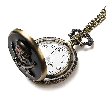 Alloy Glass Pendant Pocket Necklace, Electronic Watches, with Iron Chains and Lobster Claw Clasps, Flat Round with Skull, Antique Bronze, 18-1/2 inch(46.9cm), watches: 59x46x16mm
