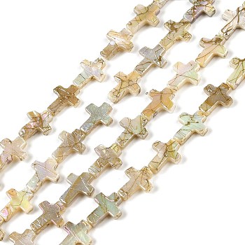 Drawbench Style Natural Freshwater Shell Beads Strands, AB Color, Cross, Tan, 14.5x12x3mm, Hole: 0.5mm, about 12pcs/strand, 7.48 inch(19cm)