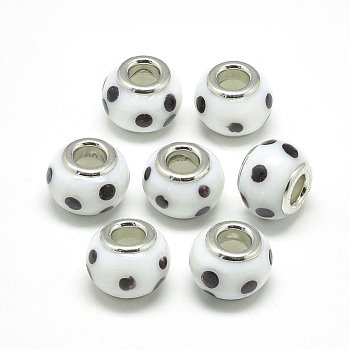 Handmade Lampwork European Beads, with Platinum Brass Double Cores, Large Hole Beads, Rondelle with Spot, White, 14x10mm, Hole: 5mm