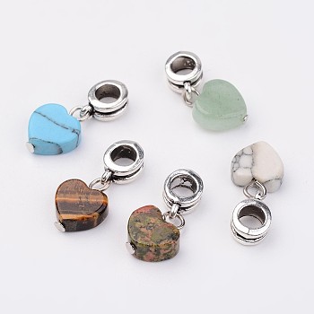 Mixed Gemstone European Dangle Charms, Natural & Synthetic, Heart Large Hole Pendants, with Alloy Tube Bails, Antique Silver, 23x10x4mm, Hole: 4.7mm