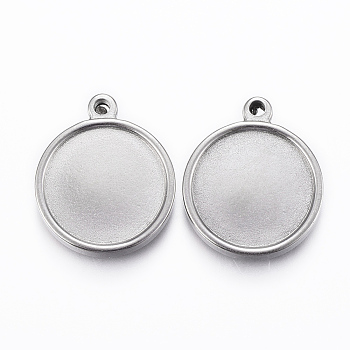 304 Stainless Steel Pendant Cabochon Settings, Double-sided Tray, Flat Round, Stainless Steel Color, 21.5x18x3mm, Hole: 2mm, Tray: 15mm