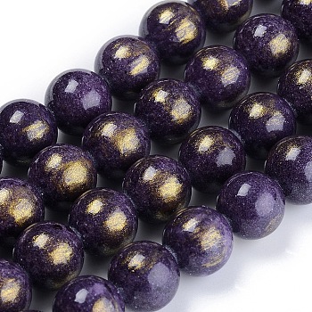 Natural Jade Beads Strands, with Gold Foil, Dyed, Round, Indigo, 8mm, Hole: 1mm, about 50pcs/strand, 15.75 inch(40cm)