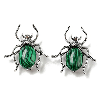 Dual-use Items Alloy Spider Brooch, with Synthetic Malachite, Antique Silver, 42x38x12~13mm, Hole: 4.5x4mm