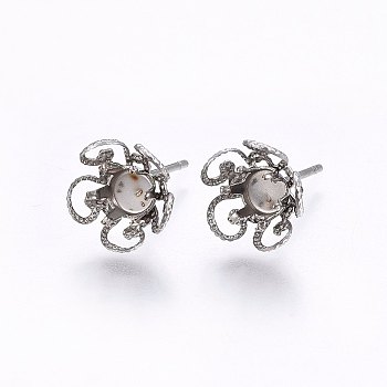 201 Stainless Steel Stud Earring Settings, with 304 Stainless Steel Pin, Flower, Stainless Steel Color, Tray: 5mm, 16x10mm, Pin: 0.8mm