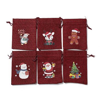 6Pcs 6 Styles Christmas Theme Rectangle Jute Bags, with Nylon Cord, Drawstring Pouches, for Gift Wrapping, Dark Red, 13~13.6x9.7~10x0.45cm, 1pc/style