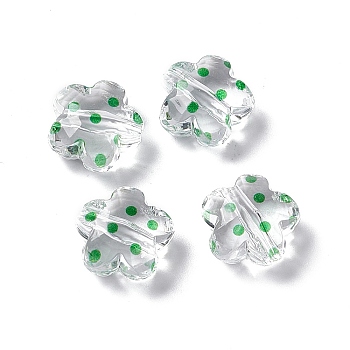 Transparent Acrylic Beads, Flower with Polka Dot Pattern, Clear, Green, 16.5x17.5x10mm, Hole: 3mm