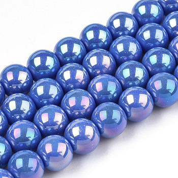 Electroplate Opaque Glass Beads Strands, AB Color Plated, Round, Royal Blue, 9.5~10mm, Hole: 1.5mm, about 40~42pcs/strand, 14.76~15.12 inch(37.5~38.4cm)