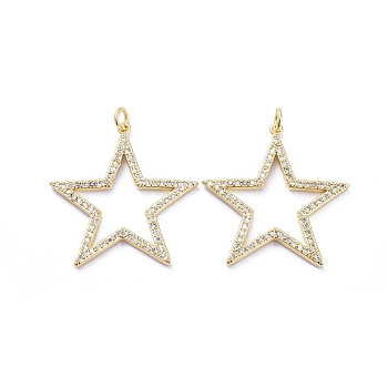 Brass Micro Pave Cubic Zirconia Pendants, with Jump Rings, Long-Lasting Plated, Star, Clear, Golden, 31x30x2mm, Hole: 3mm