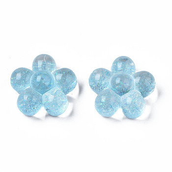 Translucent Acrylic Cabochons, with Glitter Powder, Flower, Sky Blue, 24x25x12.5mm