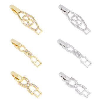 6Pcs 3 Styles 2 Colors Rack Plating Brass Clear Cubic Zirconia Watch Band Clasps, Cadmium Free & Lead Free, Long-Lasting Plated, Platinum & Golden, 32~35x5.5~10x4mm, Hole: 3~4x3mm, 1pc/style