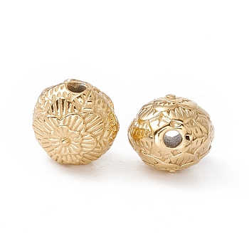 Ion Plating(IP) 304 Stainless Steel Bead, Oval with Flower, Real 24K Gold Plated, 9x8mm, Hole: 1.6mm