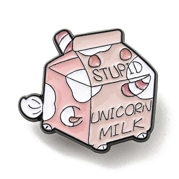Pink Series Food Theme Enamel Pins, Black Alloy Brooches for Women, Word Stupid Unicorn Milk, Box, 26.5x30x1.5mm
