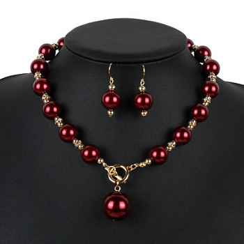 ABS Plastic Imitation Pearl Round Beaded Pendant Necklaces & Dangle Earrings Sets for Women, Dark Red, 470mm