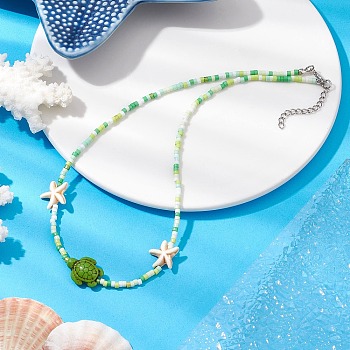 Starfish & Turtle Dyed Synthetic Turquoise Pendant Necklaces, Summer Beach Handmade Glass Seed Beaded Necklaces for Women, Lime, 16.02 inch(40.7cm)