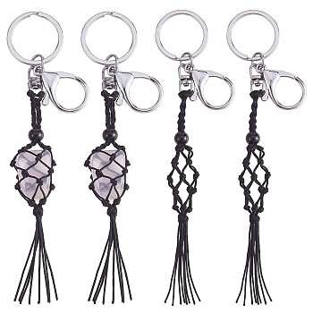 4Pcs  Macrame Fringe Braided Keychain, Black Glass Bead Tassel Charm Key Ring for Handbag, Car Decoration, Black, 17.5cm