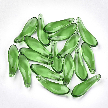 Spray Painted Glass Pendants, Leaf, Green, 26x8.5x3.5mm, Hole: 0.5mm
