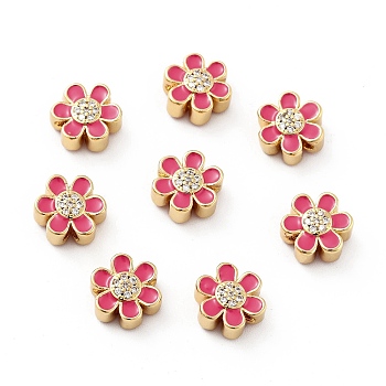 Flower Brass Micro Pave Clear Cubic Zirconia Beads, Real 18K Gold Plated, with Enamel, Cadmium Free & Nickel Free & Lead Free, Cerise, 10x9x5mm, Hole: 1.8mm
