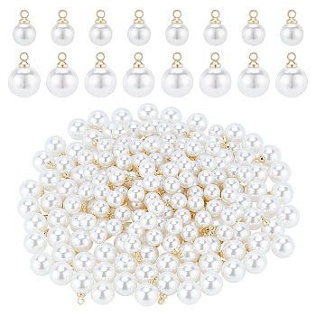Nbeads 200Pcs 2 Style ABS Plastic Imitation Pearl Pendants, with Brass Findings, Round, White, 9x6mm and 11.2x8mm, Hole: 1.5mm, 100pcs/style