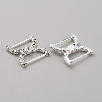 Brass Rhinestone Shoe Decoration, Shoe Buckles for DIY Loafer Shoes, D Shape, Silver, 22x22x4.5mm, Hole: 15x6mm