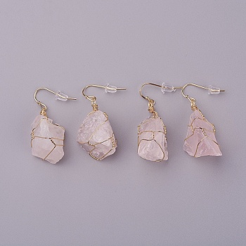 Natural Rose Quartz Dangle Earrings, with Brass Findings and Plastic Ear Nuts, Nuggets, Golden, 22~50x10~23mm, Pin: 0.7mm
