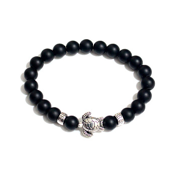 Natural Black Onyx Round Beaded Stretch Bracelet with Turtle