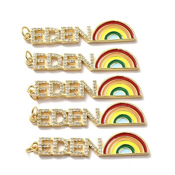 Rack Plating Brass Micro Pave Cubic Zirconia Pendants, Cadmium Free & Lead Free & Nickle Free, with Enamel and Jump Ring, Real 18K Gold Plated, Word EDEN and Rainbow, Colorful, 43x9.5x2mm, Jump Ring: 5x0.6mm, Inner Diameter: 3.5mm