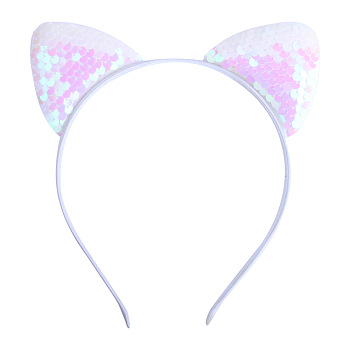 Cat Ears with Reversible Sequins Cloth Head Bands, Hair Accessories for Girls, White, 150x188x9mm
