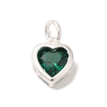 925 Sterling Silver Cubic Zirconia Heart Charms with Jump Rings, Silver Color Plated, Green, 9.5x7.5x3.5mm, Hole: 3mm