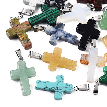 Natural & Synthetic Mixed Stone Pendants, Religion Cross Charm, Dyed, with Platinum Tone 304 Stainless Steel Findings, 28~31x17.5~18.5x4.5~6.5mm, Hole: 3.5x7.5mm
