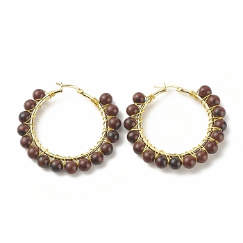 Natural Mahogany Obsidian Beaded Hoop Earrings for Women, Real 18K Gold Plated Wire Wrap Big Circle Hoop Earrings, 47~49x51~52x6~6.6mm, Pin: 1.4x0.4mm