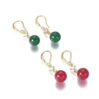 Natural White Jade Dangle Earrings, with Cubic Zirconia Round Bead and Brass Earring Findings, Dyed, Round, Mixed Color, 30mm, Pin: 1mm