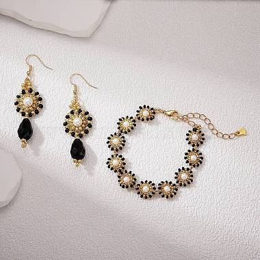 Shell Pearl & Glass Seed Braided Flat Round Dangle Earring and Beaded Bracelets Sets(SJEW-SW00007)-3