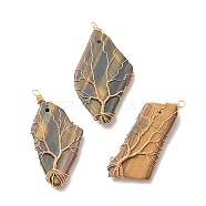 Natural Tiger Eye Big Pendants, with Golden Tone Copper Wire Wrapped, Nuggets with Tree, 70~76.5x27.5~38.5x8.5~10mm, Hole: 3.5~3.8mm(PALLOY-JF01627)