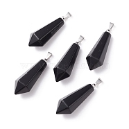 Natural Black Obsidian Pointed Pendants, with Platinum Plated Brass Loops, Bullet, 35.3~38x13~14mm, Hole: 6.5x2.8mm(G-I314-02P-06)
