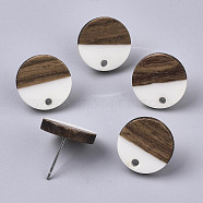 Resin & Walnut Wood Stud Earring Findings, with 304 Stainless Steel Pin, Flat Round, Creamy White, 15mm, Hole: 1.8mm, Pin: 0.7mm(X-MAK-N032-003A-B02)