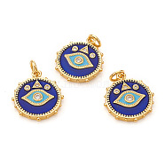 Brass Micro Pave Cubic Zirconia Pendants, with Jump Rings and Enamel, Flat Round with Evil Eye, Blue, Real 18K Gold Plated, 18.5x16x2mm, Jump Ring: 5x0.8mm, Hole: 3.5mm(X-KK-I672-22G)